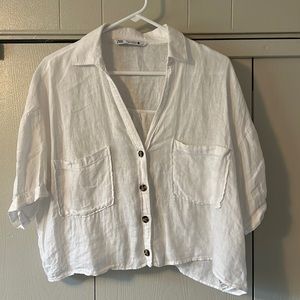 Zara White Linen Cropped Button Up